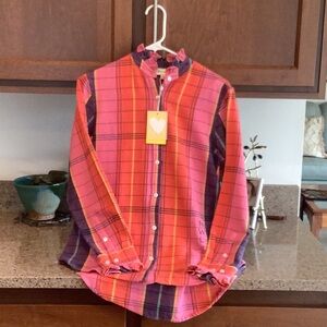 Kerri Rosenthal Mia Ruffle shirt cabin plaid